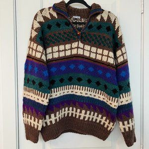 Hand Knit Ecuador Wool Abstract Colorful Boho Loose Fit Chunky Collared Sweater